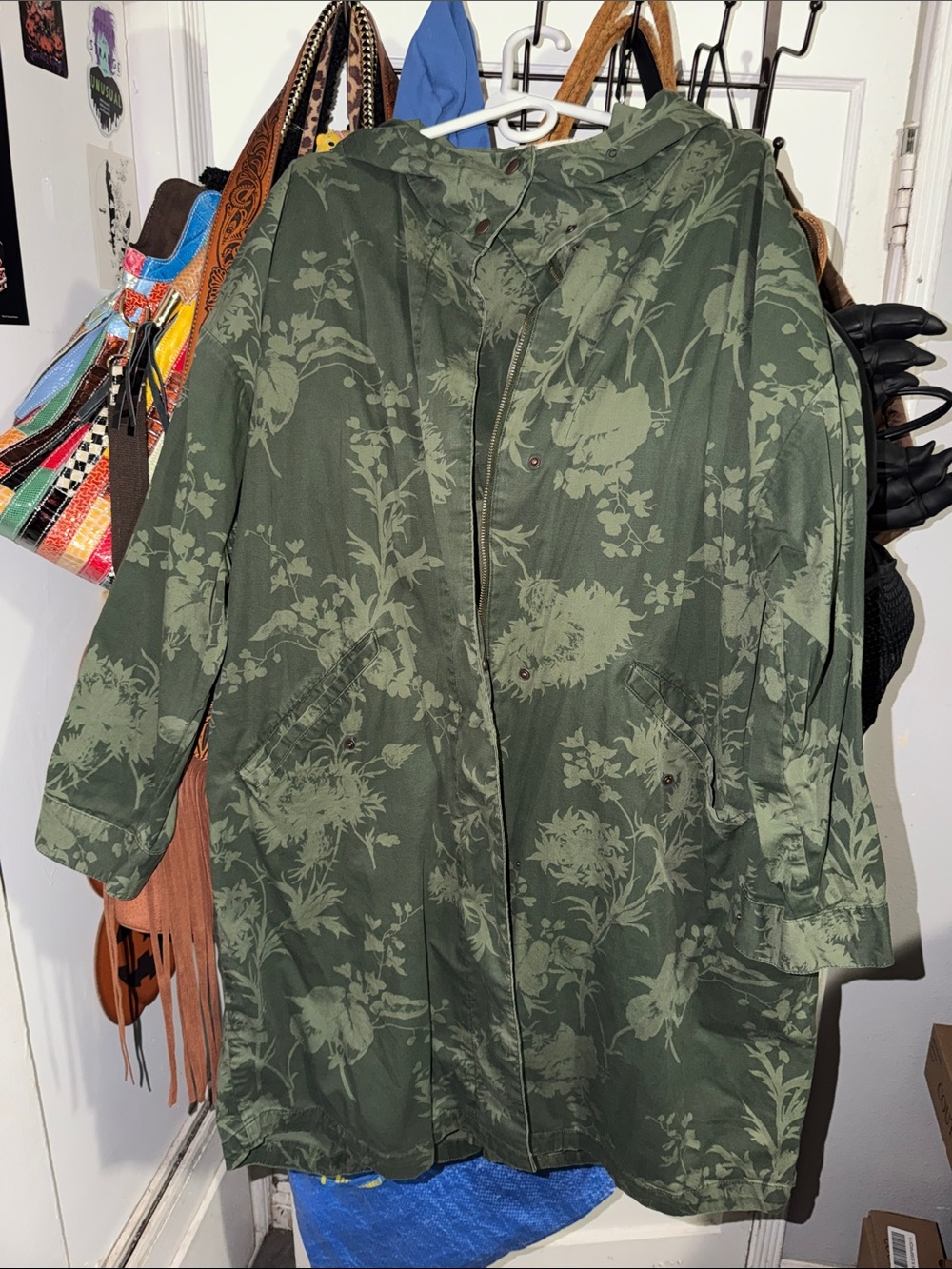 Women's Olive Green Floral Hooded Coat